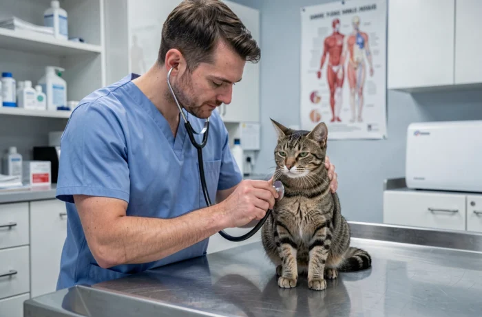 Vétérinaire examinant un chat tigré avec un stéthoscope dans une clinique vétérinaire moderne, illustrant l'importance des soins couverts par une assurance pour animaux