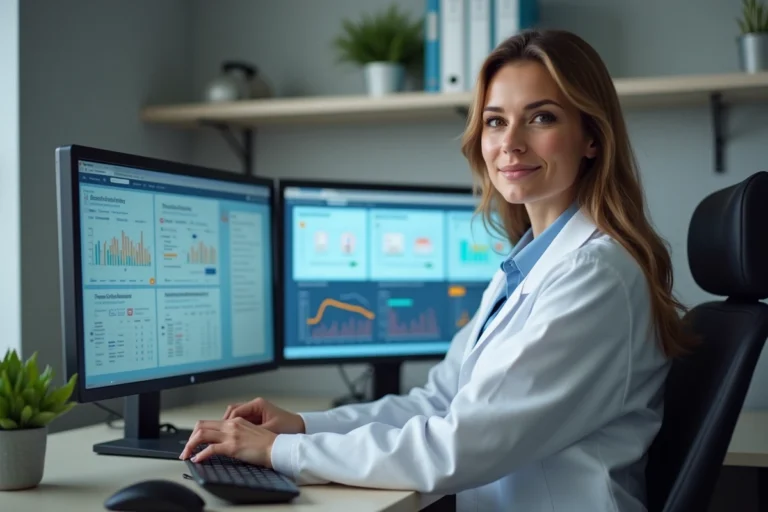 Vétérinaire utilisant un logiciel de gestion multi-sites GMVET sur un poste informatique dans une clinique vétérinaire