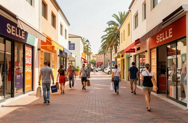 Vue extérieure du village des marques Miramas avec ses boutiques en plein air et ses allées piétonnes animées