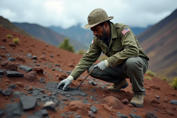 Volcanologue congolais examinant des roches volcaniques sur le flanc du mont Nyiragongo lors d'une mission scientifique de terrain