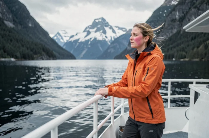 Voyageuse sur un ferry traversant un fjord norvégien avec montagnes enneigées en arrière-plan