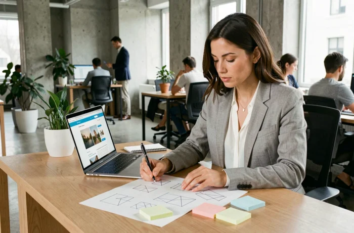 Une web designer professionnelle analyse des maquettes de site internet sur son bureau dans un open space moderne