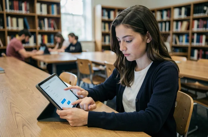 Jeune enseignante utilisant une tablette pour se connecter au webmail ac-dijon dans une bibliothèque universitaire