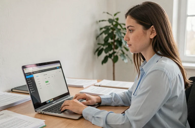 Jeune femme accédant au webmail académique de Nantes sur un ordinateur portable dans un bureau universitaire