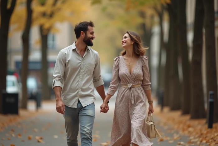 Couple se promenant main dans la main sur un boulevard parisien en automne, illustrant la vie de couple et le mariage de Yoann Usai