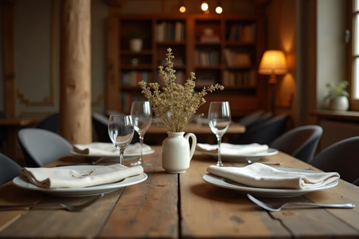 Table dressée pour un dîner intime dans un appartement parisien rustique, symbole de la vie privée et du mariage de Yoann Usai
