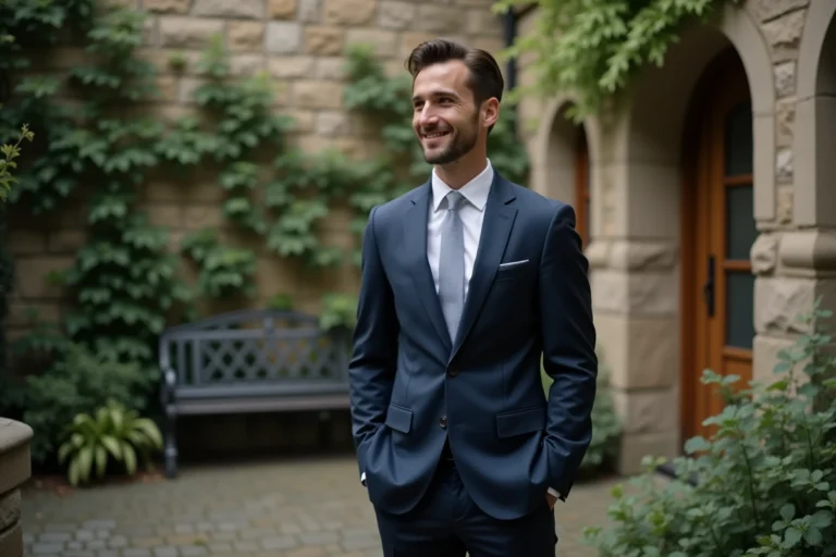 Portrait d'un homme élégant en costume bleu marine dans une cour pavée intimiste, évoquant la vie privée et le mariage de Yoann Usai